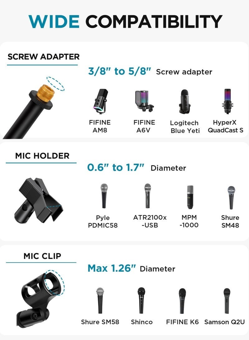 Arabest Microphone Stand, Tripod Boom Arm Floor Mic Stand Height Adjustable Heavy Duty with Carrying Bag 2 Mic Clips 3/8" to 5/8" Adapter for Singing Podcast for Blue Yeti Shure SM58 SM48 Samson - Image 5